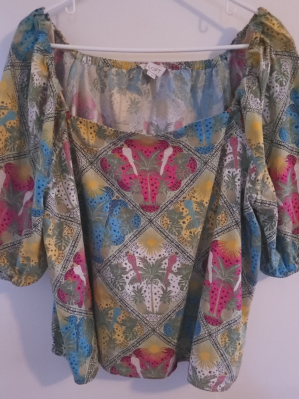 LOFT Tropical Palm Puff Short Sleeve Square Neck Top Blouse Parrot Boho Sz XL